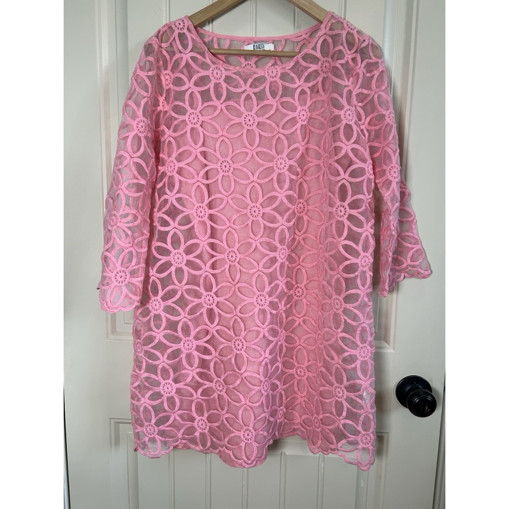 BB Dakota Shift Mini Dress Sz L Pink Organza Overlay Floral Embroidery Retro